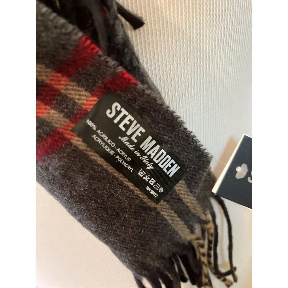 NWT Steve Madden Mid Weight Charcoal Grey Red Gold Plaid Muffler Scarf‎